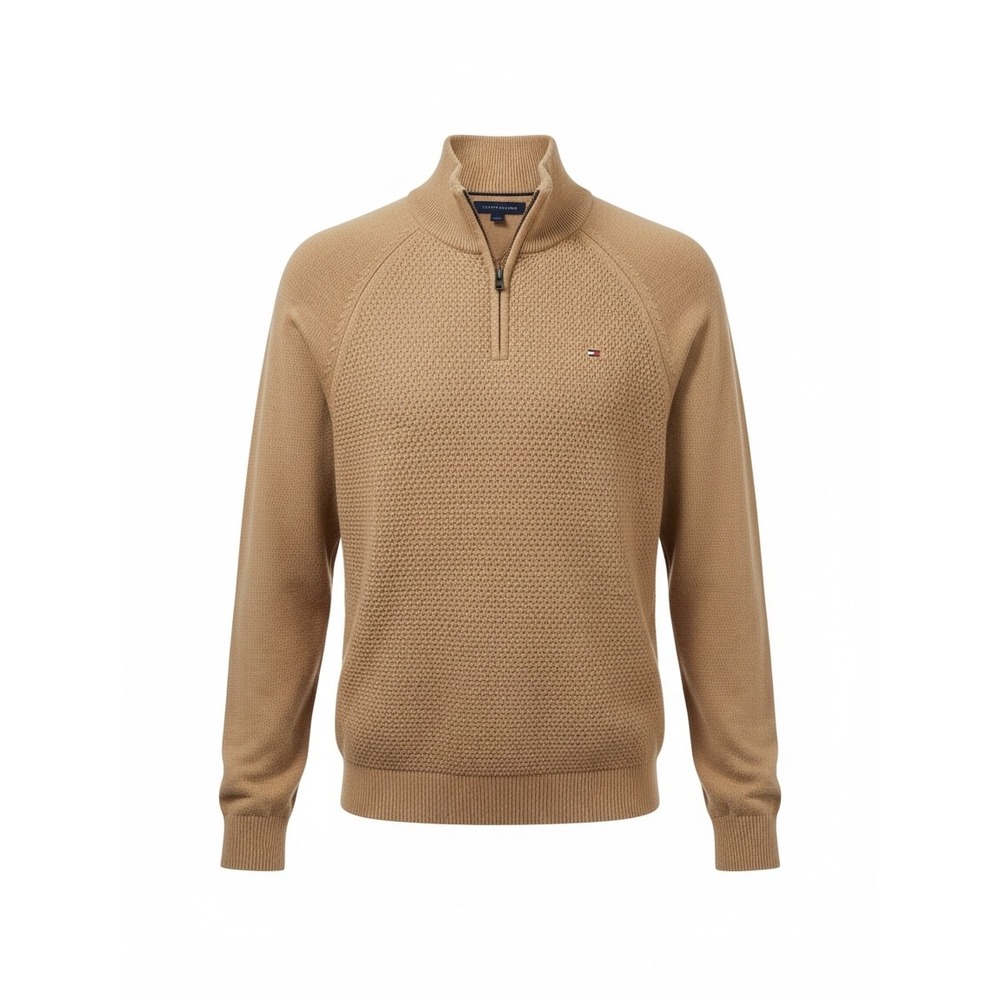 Tommy Hilfiger Mens Tan Textured Waffle Knit Quarter Zip Sweater Medium